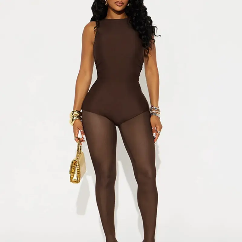 Women's Sexy Patchwork Mesh Jumpsuit, Slim Fitted Long Sleeveless One-Piece, Plain Color, Fashionable and Comfortable Womenswear, Skinny Jumpsuit, Fit Jumpsuits