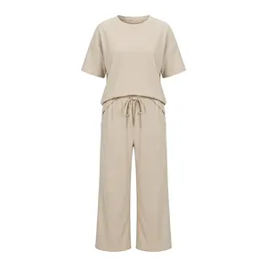 Two Piece  for Women Summer Outfits Oversized Wide Leg Crop Pants Lounge  Airport Beach Vacation Clothes |(Size Up 1-2 for Oversized Look) Casual Shortsleeve sets