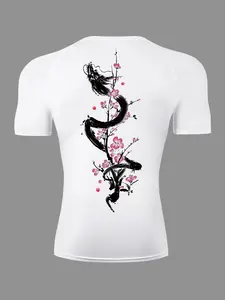 Men's Cherry Blossom Print Round Neck Short Sleeve Tee, Sporty Athletic Style Activewear Quick Drying Breathable T-shirt for Gym Workout Running, Men's Top for Summer