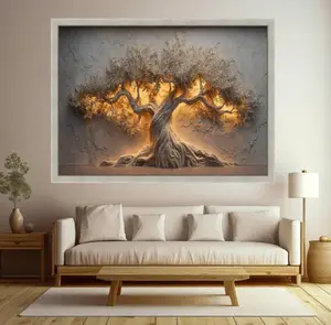 Illuminated Olive Tree Canvas Wall Art, Tree Relief, Warm Glow Home Decor, Rustic Botanical Canvas, Nature Inspired Wall Sculpture