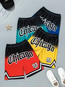 Boys' 4-Pack Chicago Letter Basketball Shorts Set, Gradient Loose Gym Shorts, Elastic Waist Design, Ideal for Kids' Activities & Daily Wear, Youth Short