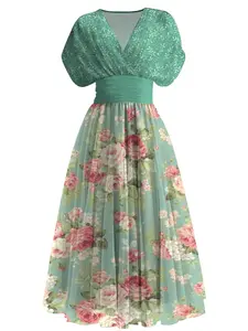 Vintage Floral Print V Neck Bubble Sleeve Waist Cinched Maxi Dress, Elegant Vacation Style Long Dress for Spring Summer