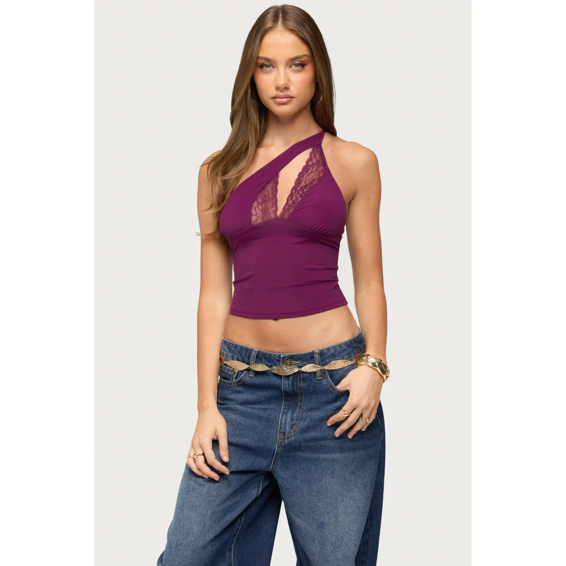 One Shoulder Peekaboo Lacey Cutout Top