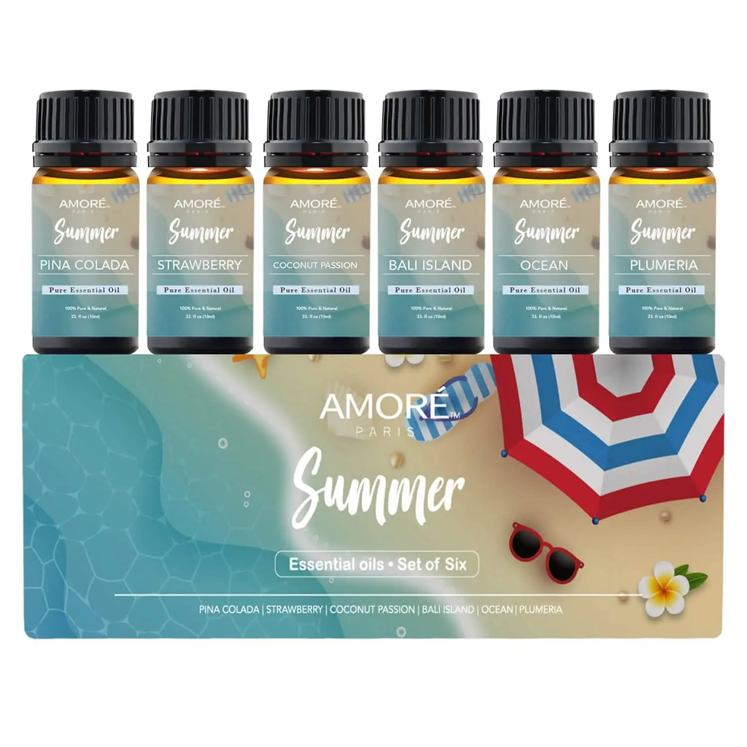 Aromatherapy Essential Oils 6-Pack 10ml Natural Scents - Summer Vibe Fresh Scent, Steam Pressed, for Diffusers, Humidifiers, Diffuser for Home (6 Bottles Set)