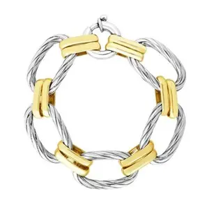 Elegant 18K Gold & Sterling Silver Silver 7.25in Polished Finish Italian Cable Bracelet with Spring Ring Clasp Bracelet