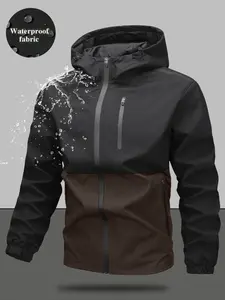 Men's Hooded Zipper Jacket, Waterproof Jacket, Water Resistant Jacket, Patchwork Design, Casual Style, Fitted, Comfortable Fit, All Seasons Wear, Ideal for Daily & Leisure Activities