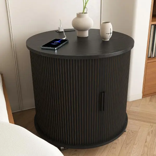Mid Century Modern Cylinder End Table with Built-in Charging Station & Sliding Door, 2-Tier Storage Round Nightstand with USB Ports, Bedside Table for Living Room, Bedroom, Entryway-Black