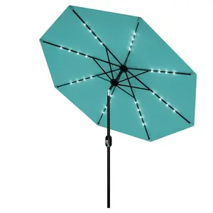 10 FT Light Blue Patio Umbrella with Solar Lights, Outdoor Table Umbrella with 8 Durable Ribs, Tilt & Crank Mechanism, Water & UV Protection Sun Shade Umbrella for Garden, Poolside, Backyard