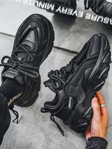 Men's All-Black Tech Chunky Sneakers, Dark Cool Style, Leather Paneling + Hemp Rope Laces + "NEW STYLE" Logo, All-Black Elegant, Bold Style , Ideal for Daily Outfits & Street Leisure Scenarios