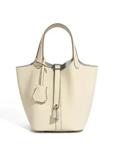 Women's Fashion Basket Handbag, Summer Top Grain Leather Large Capacity Bucket Bag, Casual Plain Design for All Occasions