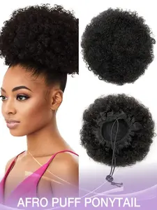 Women's Short African Twist Curl Hair Bun, High Ponytail Drawstring Wig, Real Human Hair Pieces, Natural Color, All Seasons