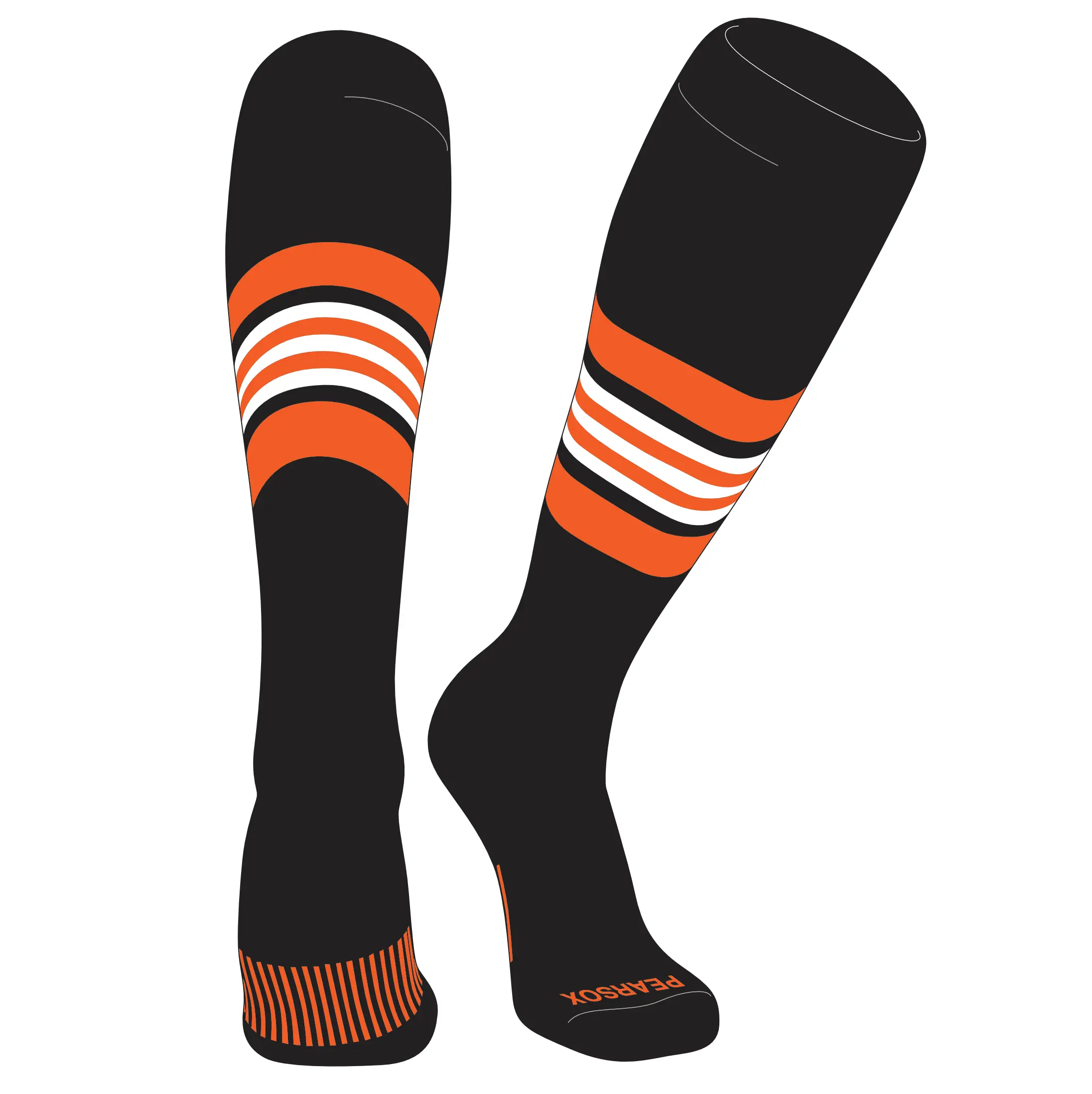 Pear Sox Striped Knee High Baseball, Football Socks (G) Black, Orange, White