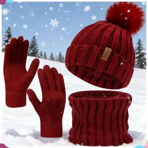 TikTokShopBlackFriday Women's Cozy Knit Beanie Hat with Pom Pom & Gloves & Scarf Set - Thickened Soft Winter Cap for Cold Weather, Solid Color Fashion Accessory for Women and Girls, Ideal for Daily Wear, Travel, and Outdoor Activities