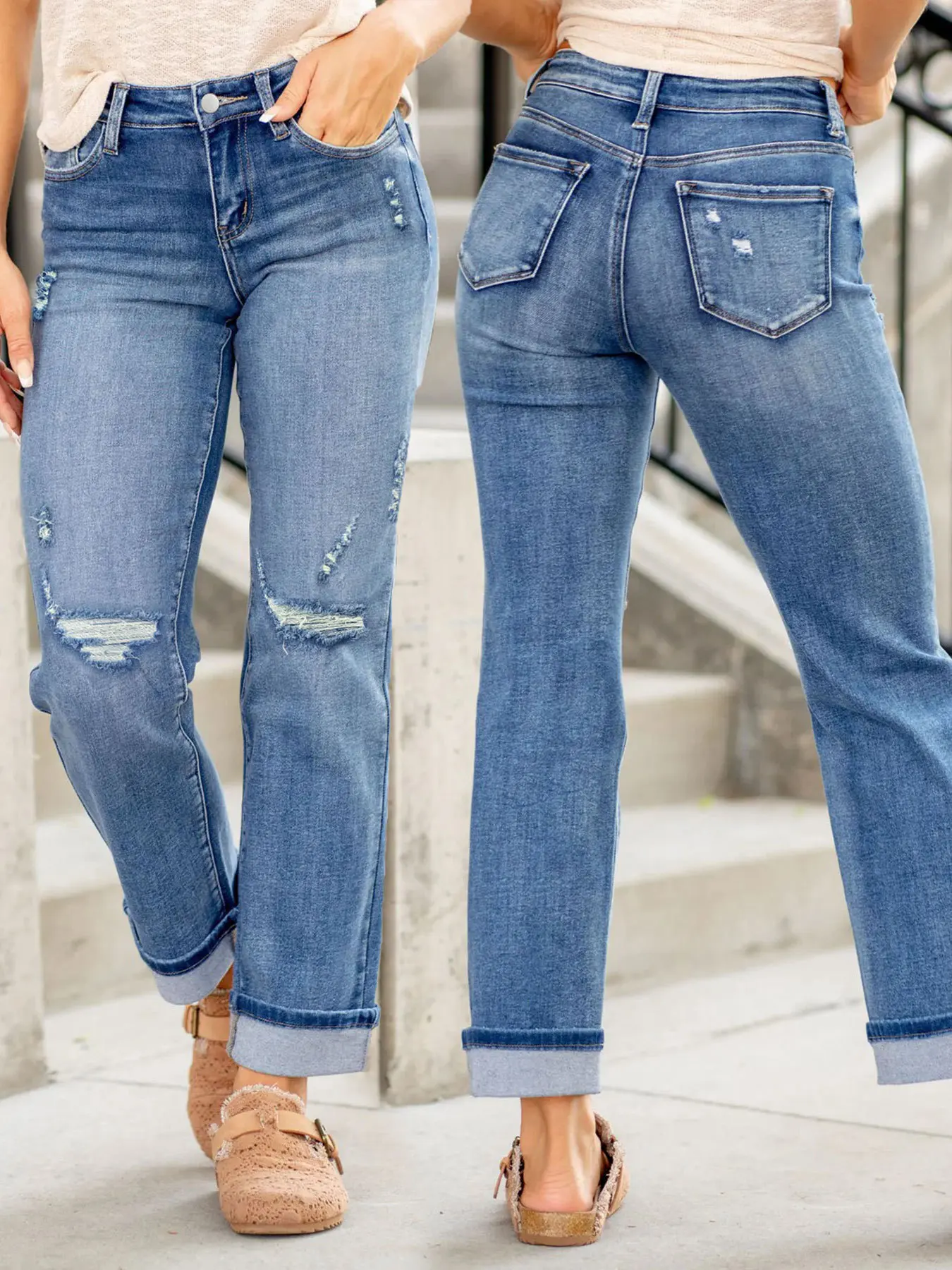 Women's Retro Straight Leg Jeans - Comfortable Mid-Waist Ripped Denim, Distressed Ankle-Length Pants for Casual Streetwear & Office Outfits, Trend, Clothes, Girl, Bottoms, Smooth, Everyday
