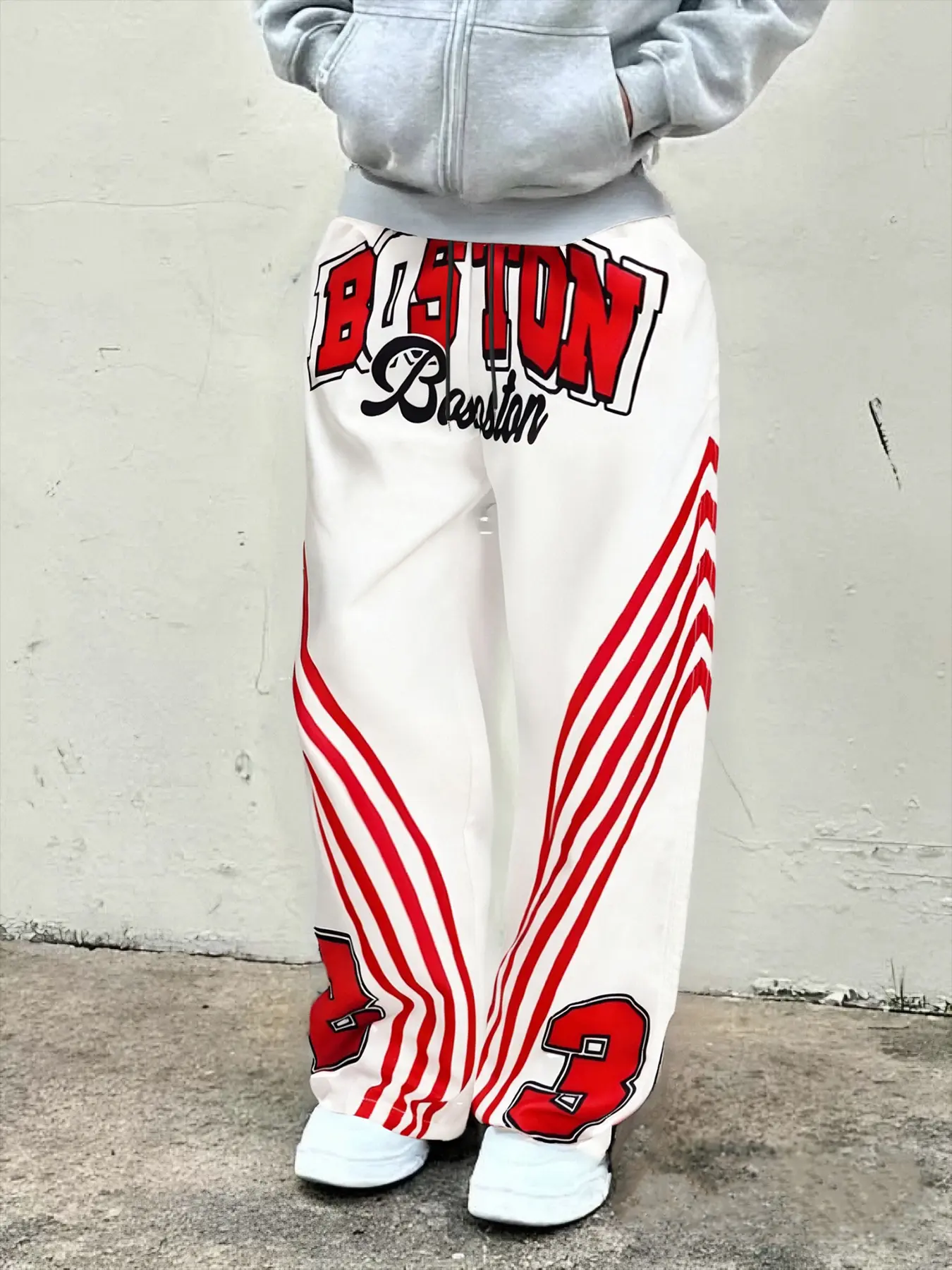 Men's Casual Loose-Fit Long Pants Trouser, American Street Style, Boston Letter Graphic Print, Striped Patchwork Wide Leg Sweatpants, All Seasons Wear, Casual Trousers