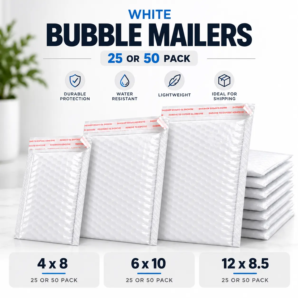 White Bubble Mailers 25 or 50 Pack – USA Made Padded Shipping Envelopes, Self-Seal, 4x8, 6x10 & 12x8.5 Sizes