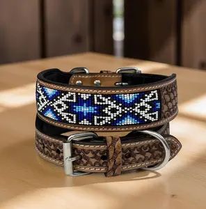 Leather Beaded Dog Collar Full Grain Leather 1.5" Wide Handcrafted Western Floral Design Heavy Duty Solid Metal Buckle D Ring Comfortable Sturdy Natural Brown Tone