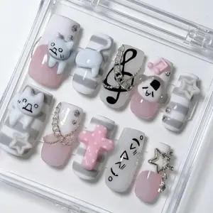 Kawaii Cat Press On False Nails, 3D Cartoon Music Note Design, Pastel Coquette Set for Nail Art Decoration