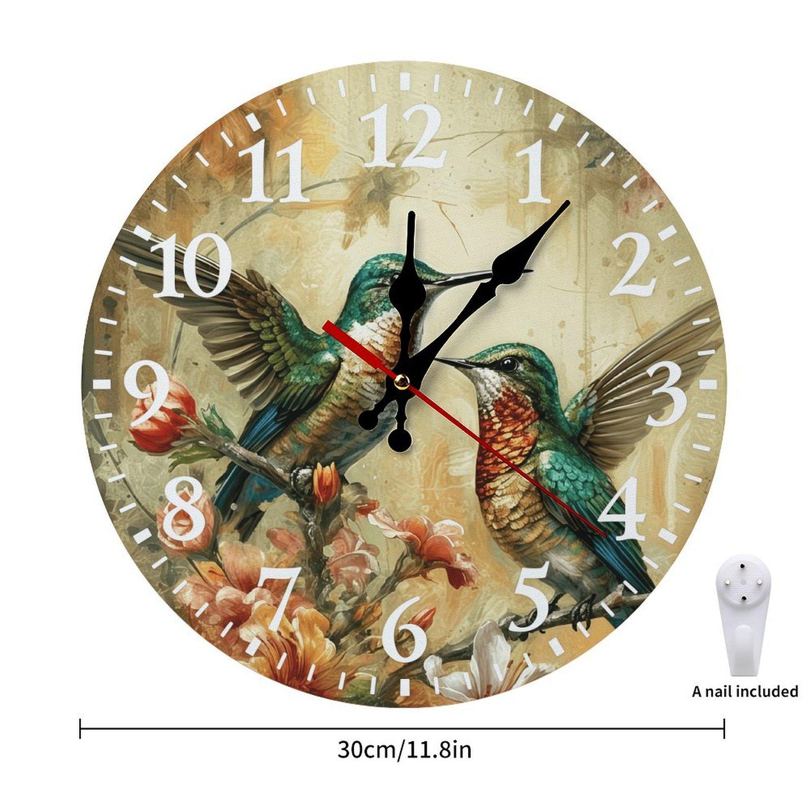 12 Inch Hummingbird Floral Wooden Wall Clock | Silent Non-Ticking Rustic Nature Decor, No Battery Included, Perfect for Living Room, Kitchen, Sunroom
