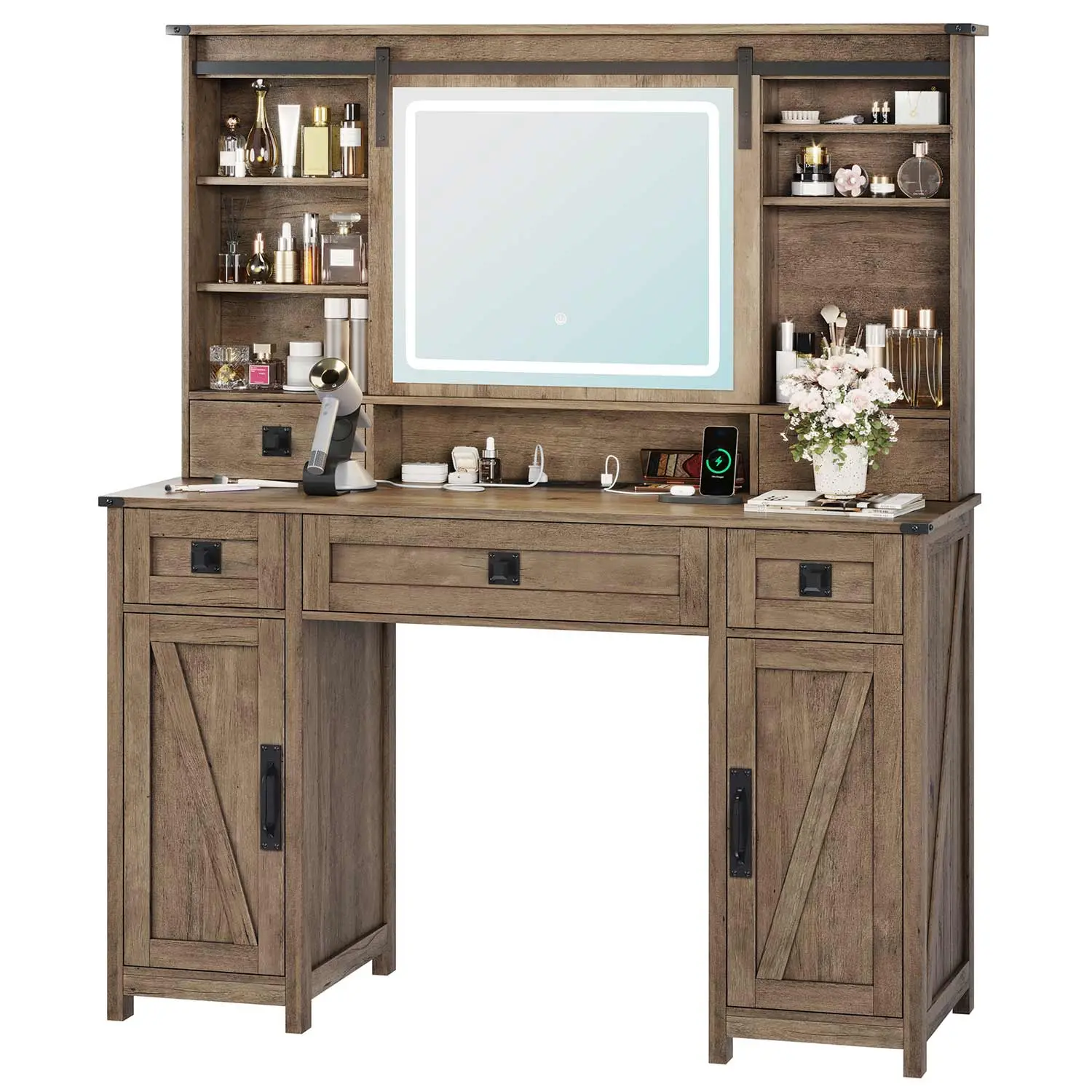 Makeup Vanity with Sliding Mirror LED Lights Brown