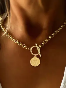 Women's Gold Color Classic Fashion OT Buckle Necklace, Stainless Steel Chain, Zodiac Pendant, Casual Style, All Seasons Jewelry
