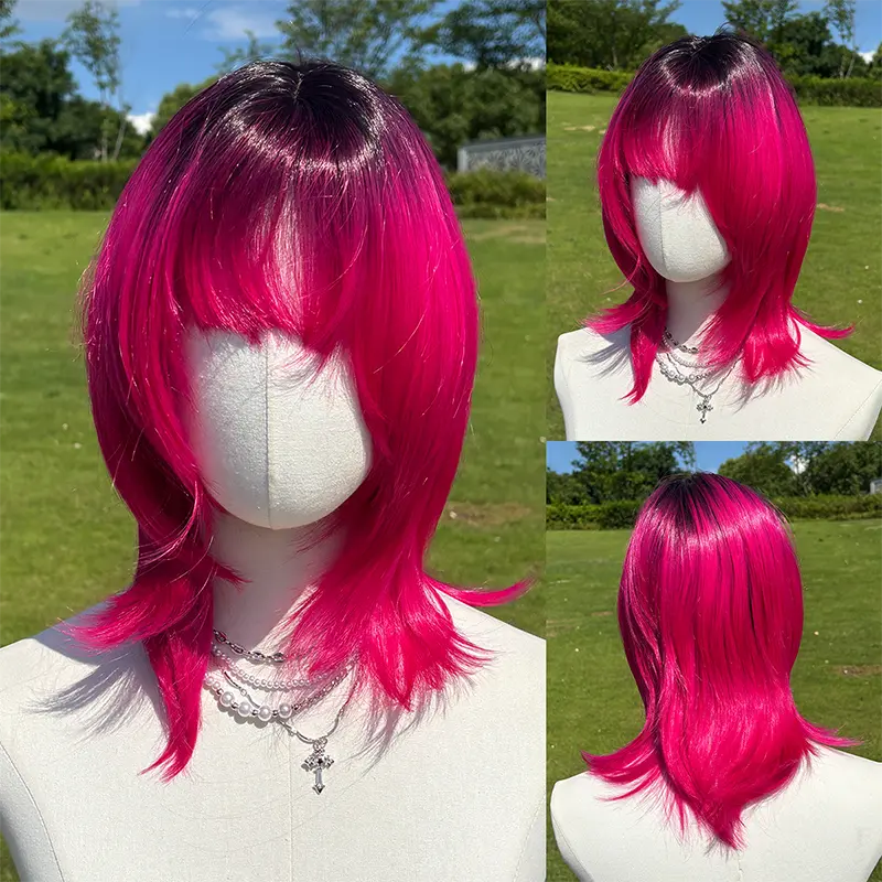 Smilco Women's 16in Pink Ombre Short Curly Wavy Bob Wig with Fluffy Bangs, Heat Resistant Synthetic Hair for Christmas Party Fashion