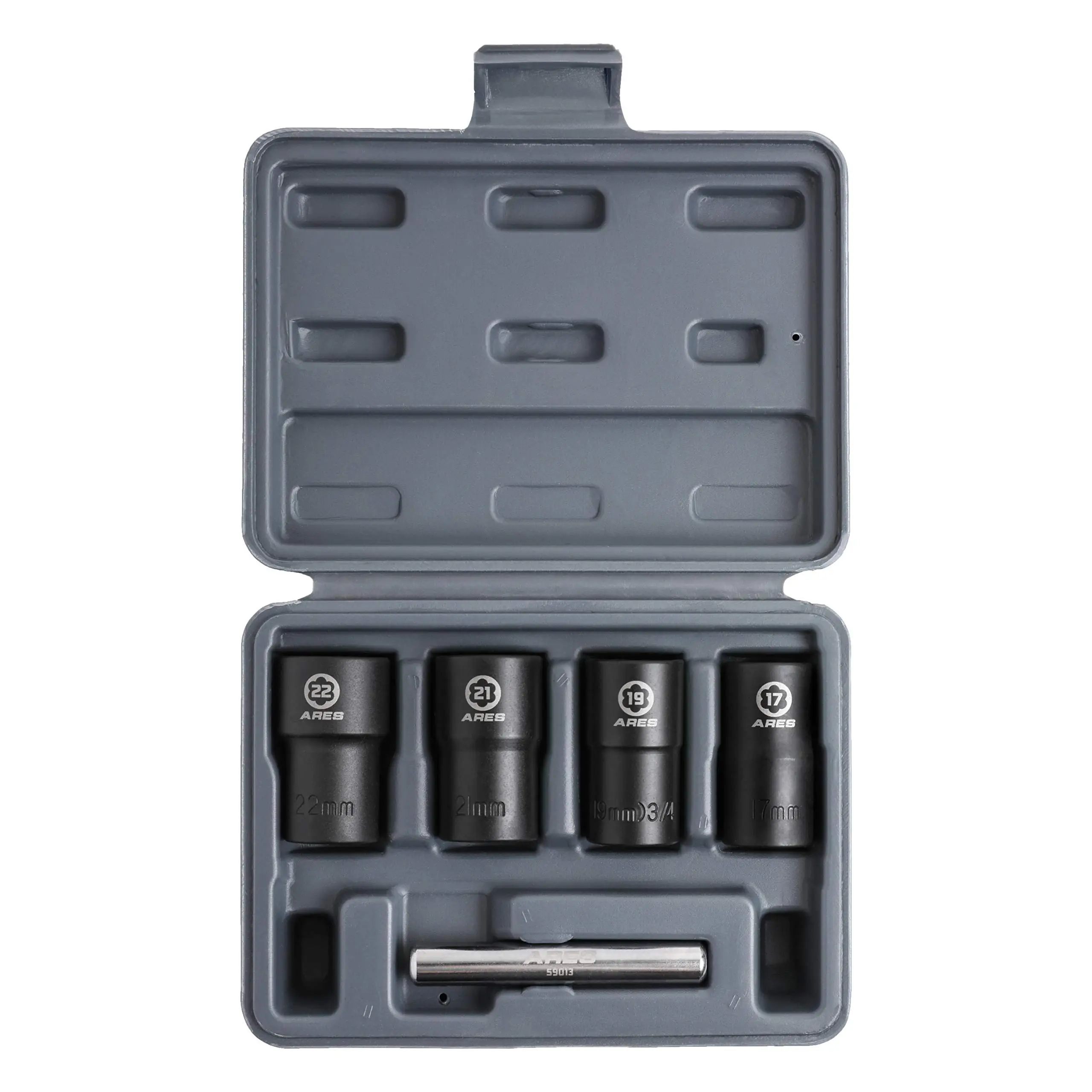 ARES 59013 Chrome Mo 5-Piece Damaged Lug Nut Remover Socket Set - 17,19,21,22mm Sockets, 12mm Steel Bar, Impact Wrench Compatible Twist Extractor Tool for Rusted Surfaces, Storage Case