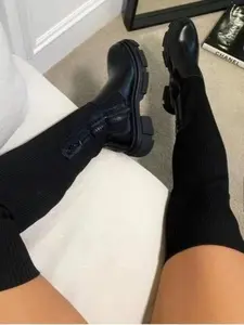 Women's Solid Over The Knee Boots, Fashionable Soft Weave Sock Boots for Daily Wear, Female All-match Trendy Boots for Fall & Winter, Footwear