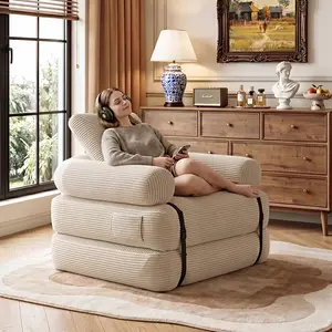 Foldable corduroy recliner sofa chair, 2-in-1 multifunctional single sofa bed with side pockets, modular casual chair suitable for living rooms, bedrooms, and small apartments, vacuum compressed shipping, bone-free cloud recliner sofa