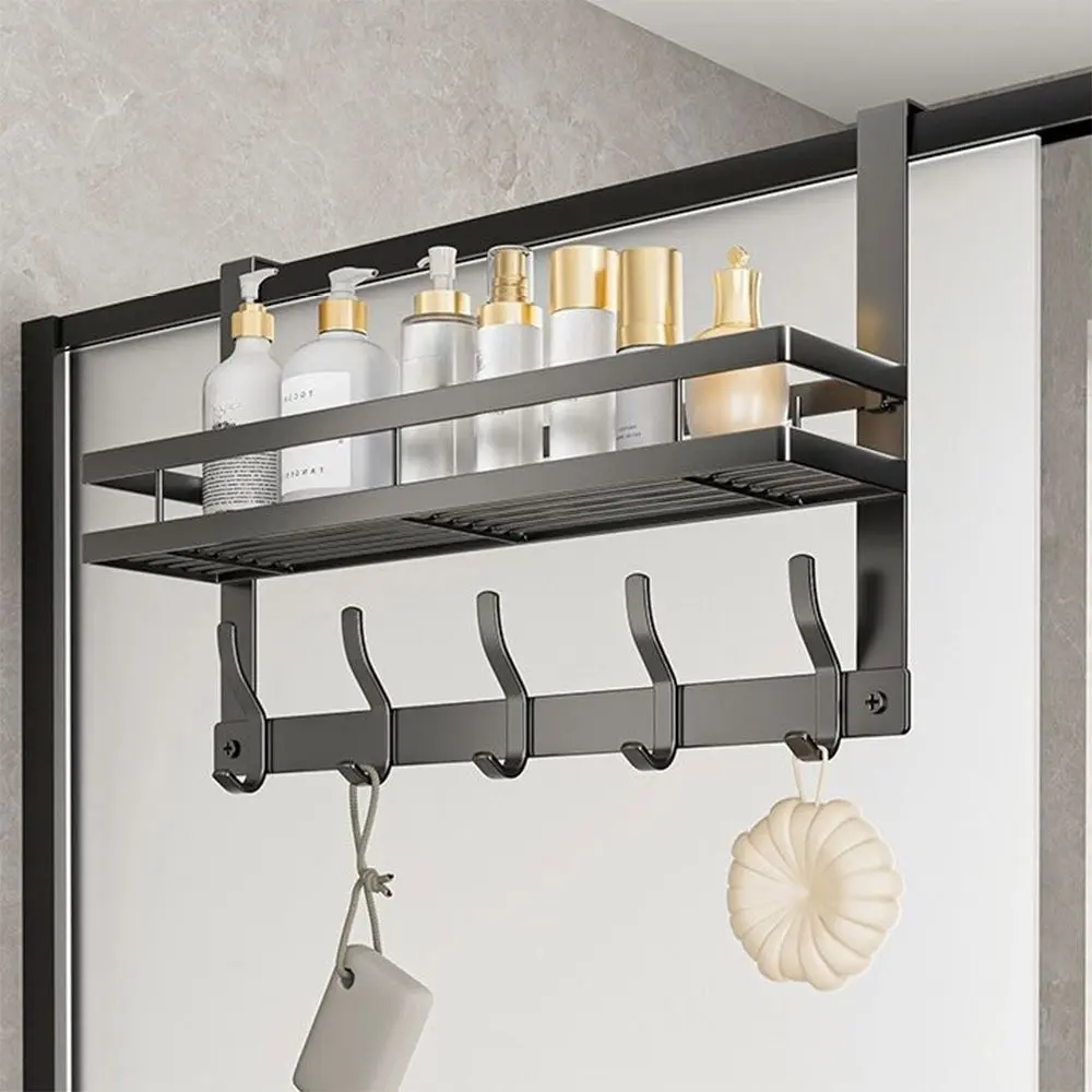 Carbon Steel Wall-Mounted Door Hook with Storage Rack, Rust-Resistant Overdoor Hanger Organizer, Over the door hooks, Multifunctional Organizer, Multi-Hook and Shelf Design, Space-Saving Home Storage, Rustproof Hooks
