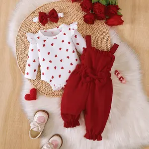 Ready Stock Baby Girls Valentine's Day Clothes Heart Print Ruffle Long Sleeve Ribbed Romper Tops Suspender Pants Headband 3Pcs Cute Outfits 22510052 Newborn Gift Set Cozy