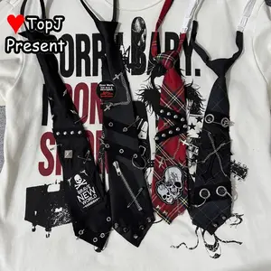 Harajuku Men Women Gothic Subculture punk Y2K girl Personalized JK Tie versatile skull rivet Lazy zipper chain Accessories