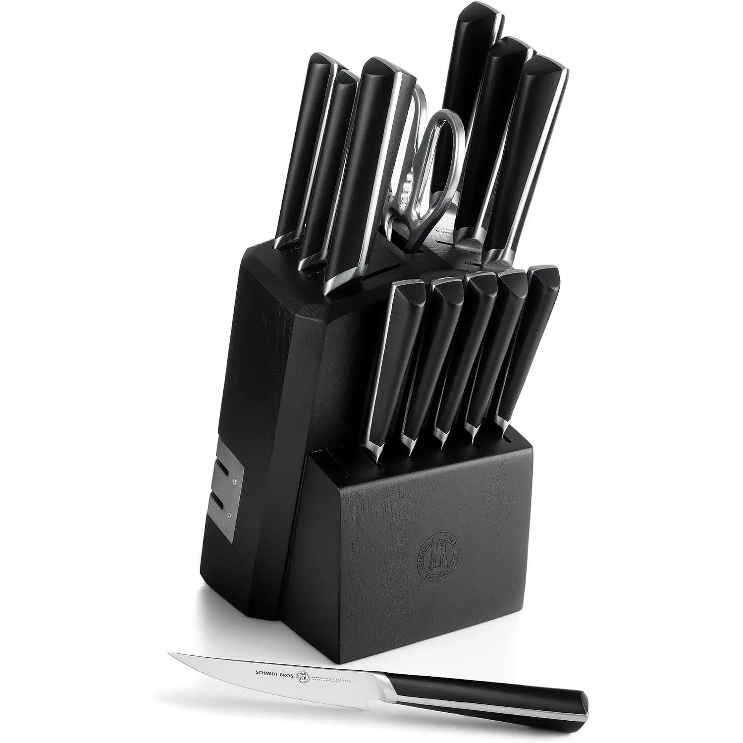 Schmidt Brothers -Highline- 14-Piece Knife Set, High-Carbon Stainless Steel Cutlery With Ebony-Stained Wood And Built-In Two Stage Sharpener Knife Block