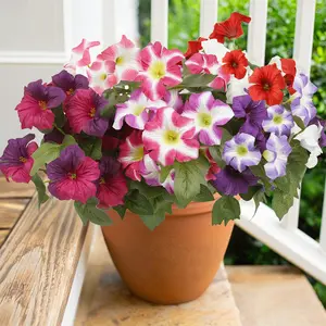 Outdoor Decorative Fake Flower Plants, 5 Artificial Short Petunia Silk Flowers, UV Resistant, for Home Outdoor Garden Balcony Courtyard Porch
