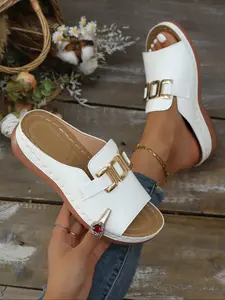 Summer New Thick Sole Fish Mouth Sandals, Metal Buckle Decor, Comfortable Outdoor Large Size Slippers, One Strap + Dual Buckles, Women