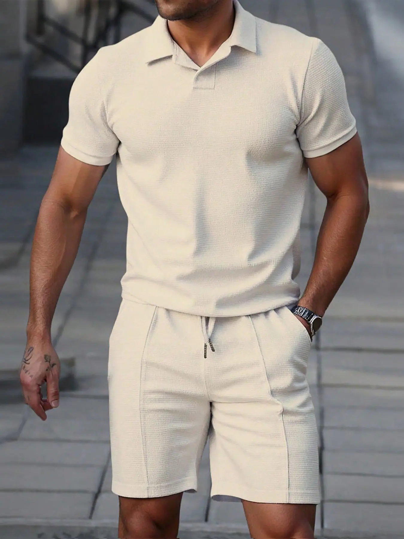 Men's Summer Casual Two-Piece Set Outfit, V-Neck Short Sleeve Polo Shirt and Shorts, Plain Breathable Fabric, Perfect for Outdoor Activities and Vacations