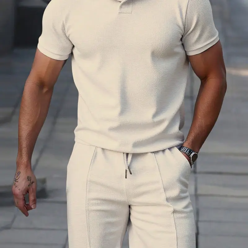 Men's Summer Casual Two-Piece Set, V-Neck Short Sleeve Polo Shirt and Shorts, Plain Breathable Fabric, Perfect for Outdoor Activities and Vacations, Shorts Matching Set
