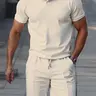 Men's Summer Casual Two-Piece Set, V-Neck Short Sleeve Polo Shirt and Shorts, Plain Breathable Fabric, Perfect for Outdoor Activities and Vacations, Shorts Matching Set