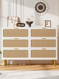 GARVEE Rattan 6 Drawer Dresser with Deep Drawers for Bedroom, Large Double Dresser with Wide Top for Closet, Horizontal Wooden Storage Unit for Living Room, Hallway, and Kids' Room in White Finish