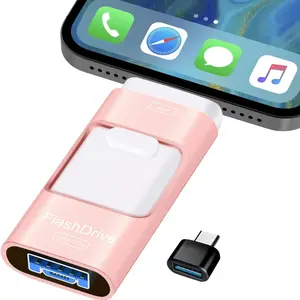 Flash Drive for iPhone 256GB, 4 in 1 USB Type C Memory Stick, Photo Stick External Storage Thumb Drive for iPhone iPad Android Computer, Rose Pink