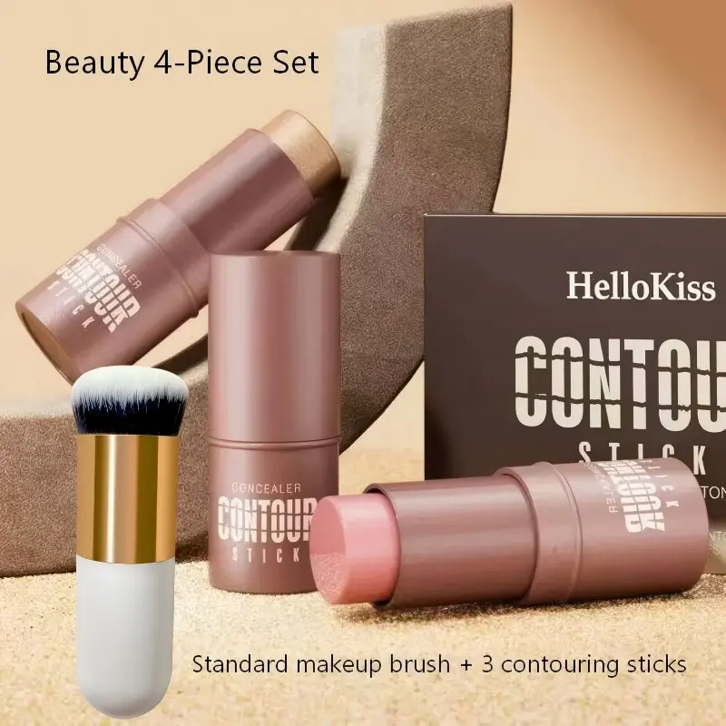 Face Contour Cosmetic Makeup Set, Blush Stick + Highlighter + Concealer Brush, Matte Finish, Long-Lasting, Non-Greasy, Ideal for Beginners