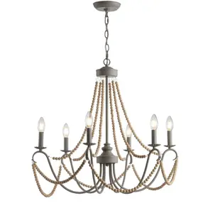 JONATHAN Y Rustica 27" Adjustable Greige Metal/Wood Bead LED Chandelier