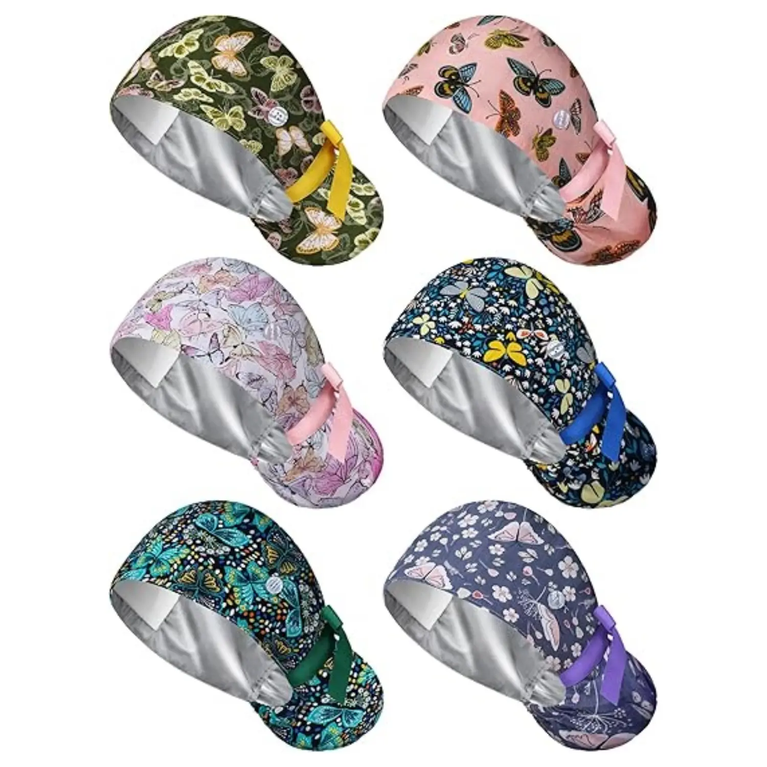 6PCS Satin Lined Scrub Caps Women Nurse Surgical Hat with Buttons Ponytail Working Adjustable Shower Caps Tie Back