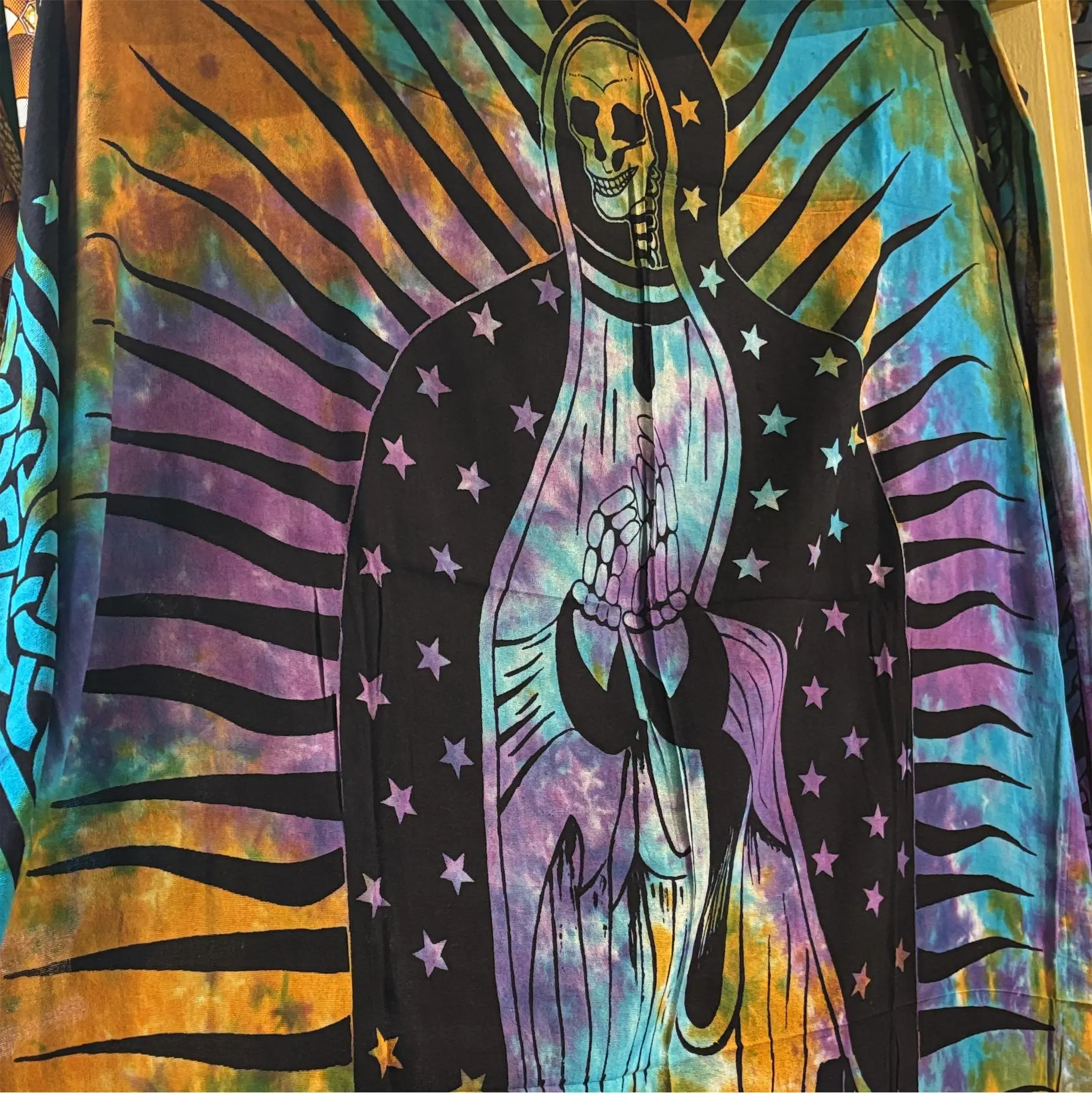 Santa Muerte Tie Dye Tapestry, 72in x 108in Tapestry Style Wall Art, Vibrant Home Supplies Bedspread for Religious Home Decor