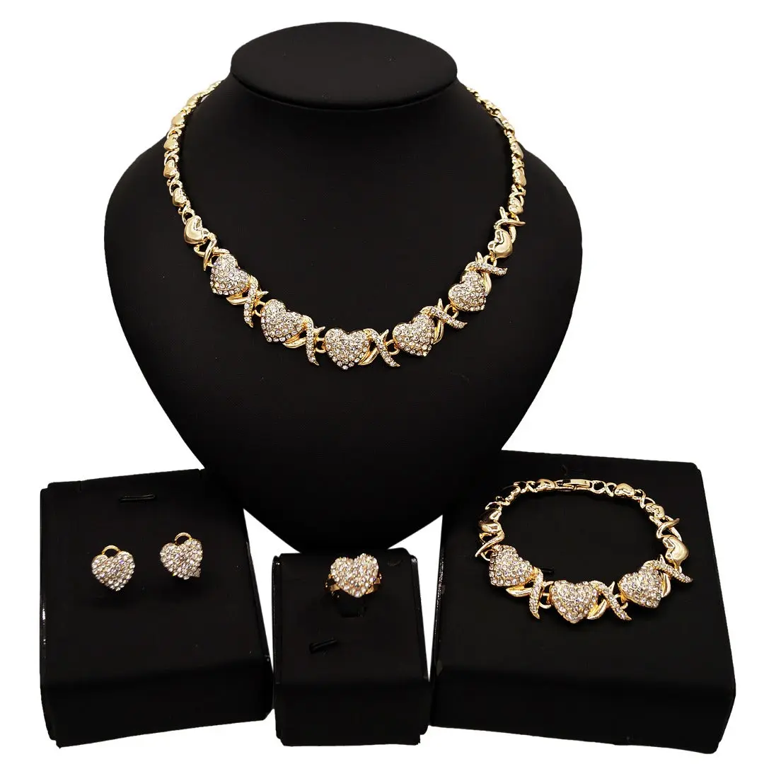 Female Gold-Plated XO Pattern Fashion Jewelry Set - Classic Elegant HUGS & KISSES #36, Casual Gold Chain & Link Set with Anniversary Stud Earrings, Necklace, Bracelet, Ideal Meaningful Gifts (Note: Choking Hazard Small Parts)