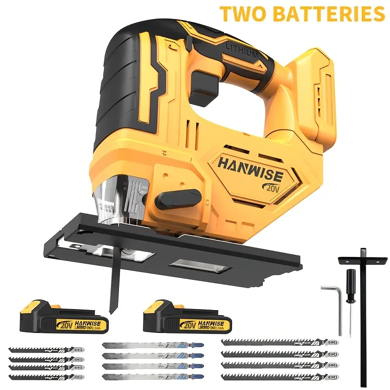 HANWISE Cordless Brushless Jigsaw, built-in LED work light, supports 45° bevel cutting, with 3 orbital action settings, works with common 20V lithium-ion batteries