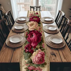 Elegant Floral Table Runner Suitable for  Peony & Design in Beafe & Maroon Tones Fabric for Weddings Banquets Buffet Tables  Versatile Decorative Cover for Home Restaurants Events Holiday Decor