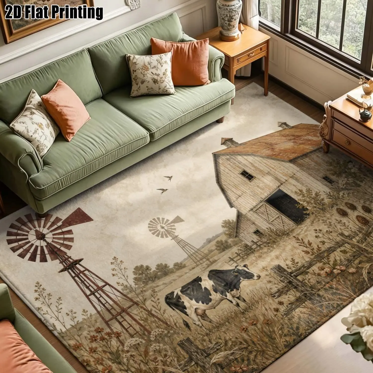 Large indoor area rug, soft velvet low pile with non-slip dotted backing, machine washable, vintage rustic farm barn windmill cow print, for living room bedroom farmhouse decor