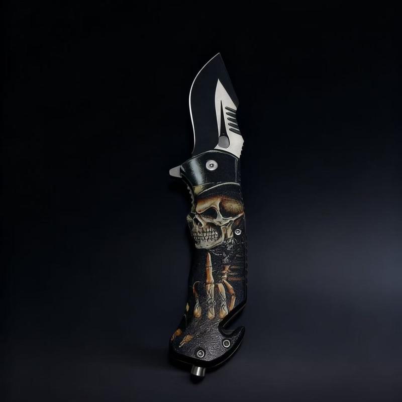 Stainless Steel High-Hardness Multi-Function Folding Knife with Skeleton Ghost Head Pattern, Portable Rope Knife and Glass Breaking Function, Unique Design, Perfect for Camping, Fishing, and Outdoor Exploration, Christmas and Halloween Gift