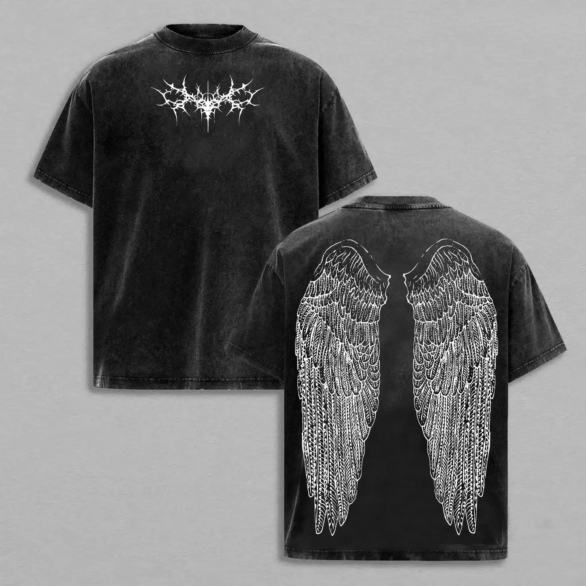 Y2K Gothic Wing Graphic Tee 100% Cotton Acid Wash Oversized T-Shirt Men Women Vintage Grunge Streetwear Alt Clothing Dark Aesthetic Gym Pump Cover Retro Casual Top Tribal Thorn Design Festival Apparel Trendy TikTok Fashion Edgy Workout Gear Everyday Wear